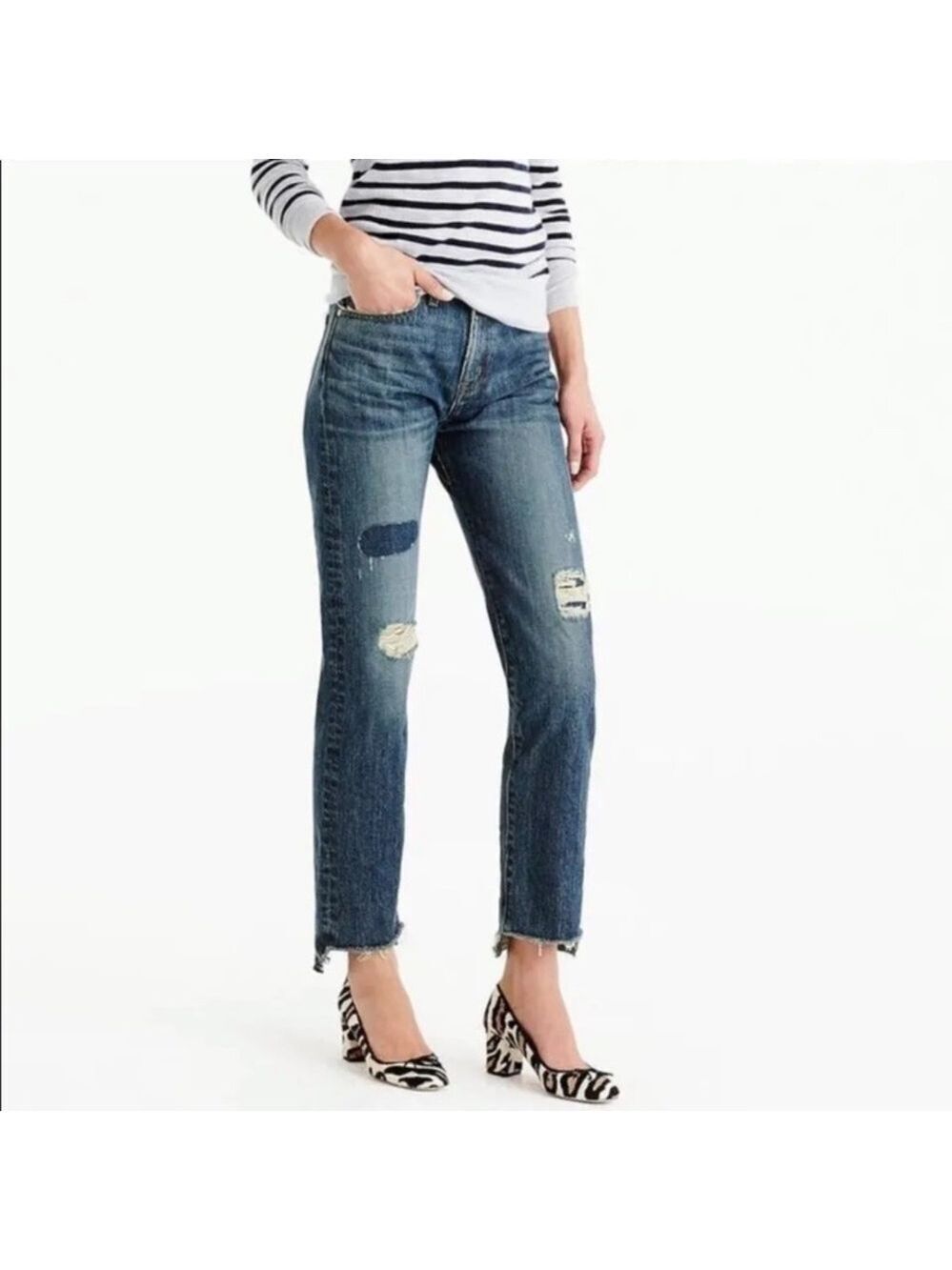 Point Sur Shoreditch Straight Leg Raw Hem Denim Jeans Patch Distressed sz 28